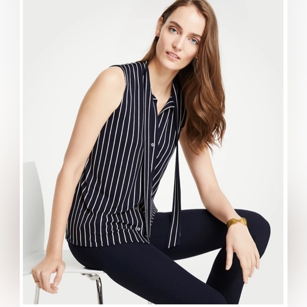 Ann Taylor Stripe Tie Neck Button Front Shell